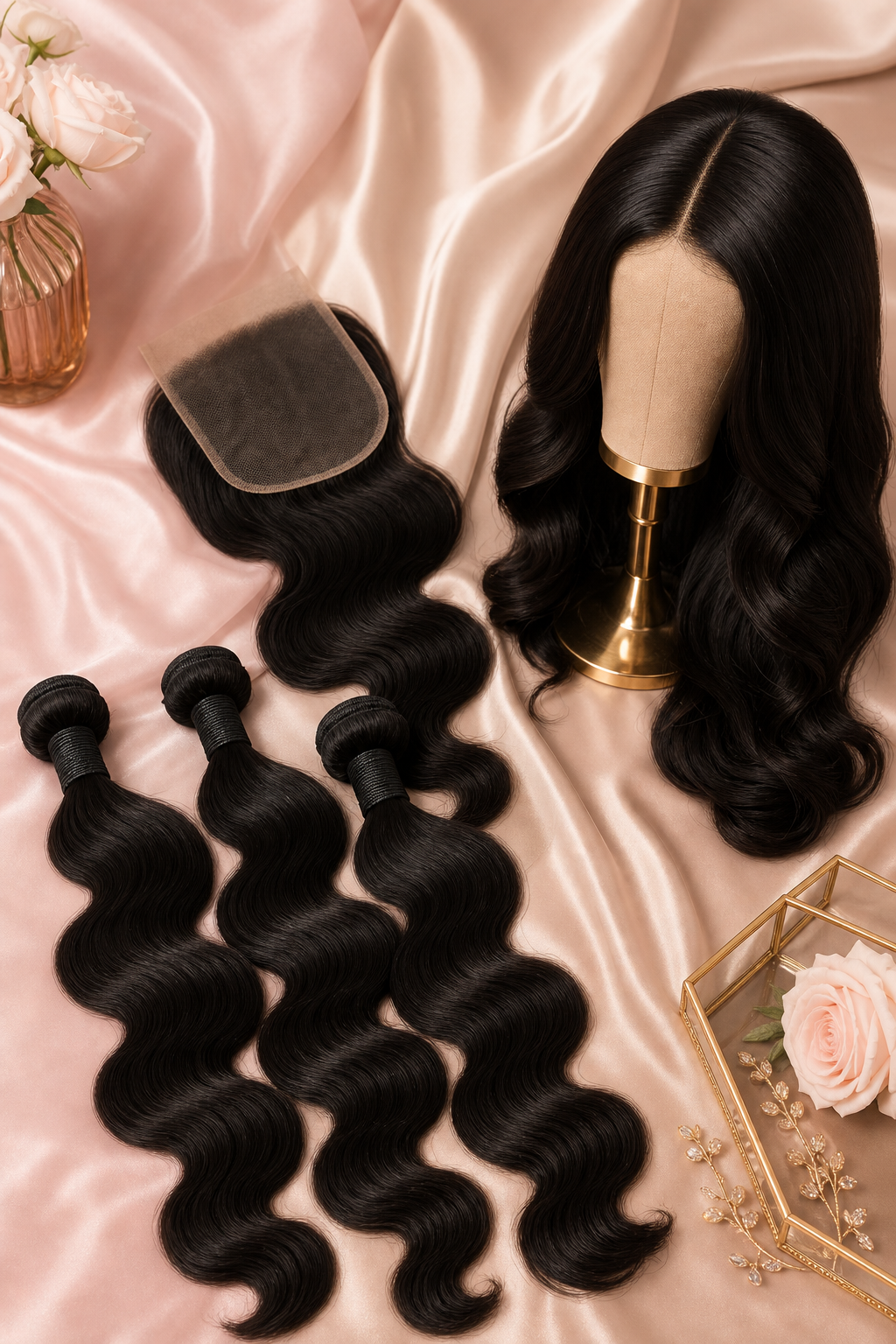 Mèches, closure et perruque présentées dans la boutique